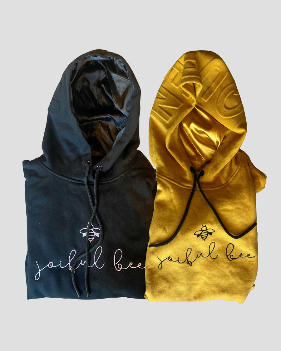 black and yellow satin lined hoodies